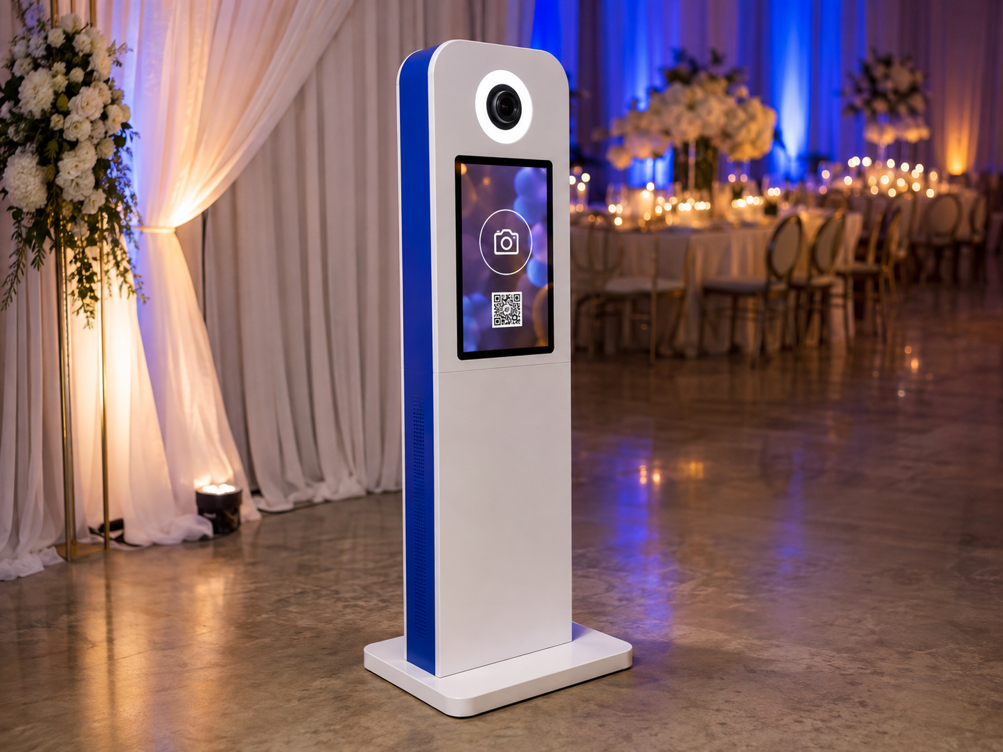 White and blue digital selfie photo booth set up at an elegant wedding reception